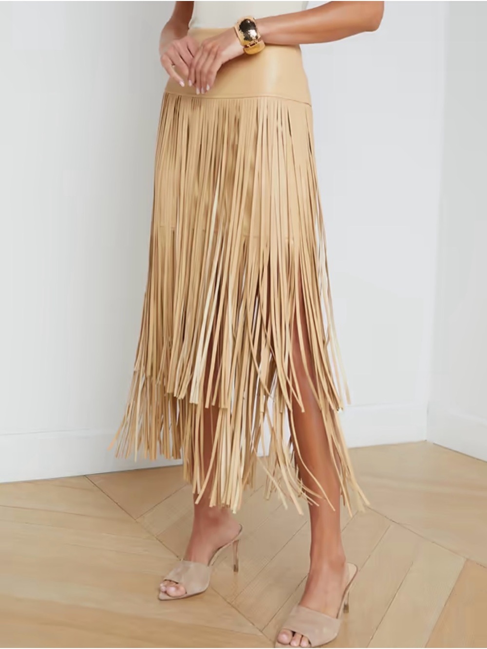 L'AGENCE Tan Faux Leather Fringe Midi Skirt - Picture 2 of 12